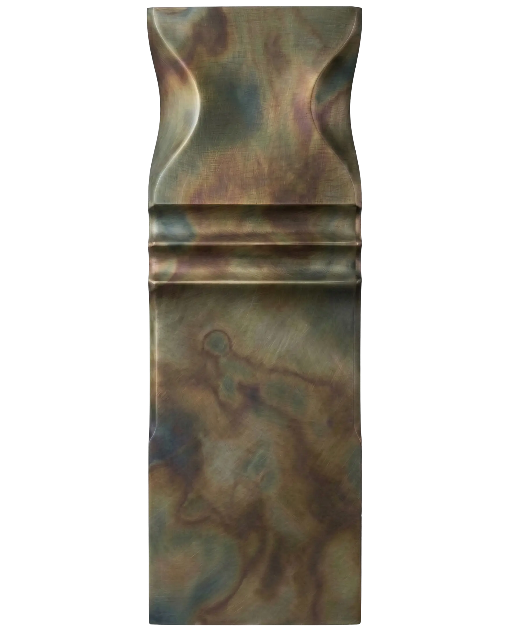 Vertical Acid Patina Zinc finish sample with curved architectural profile and variegated patinated zinc texture