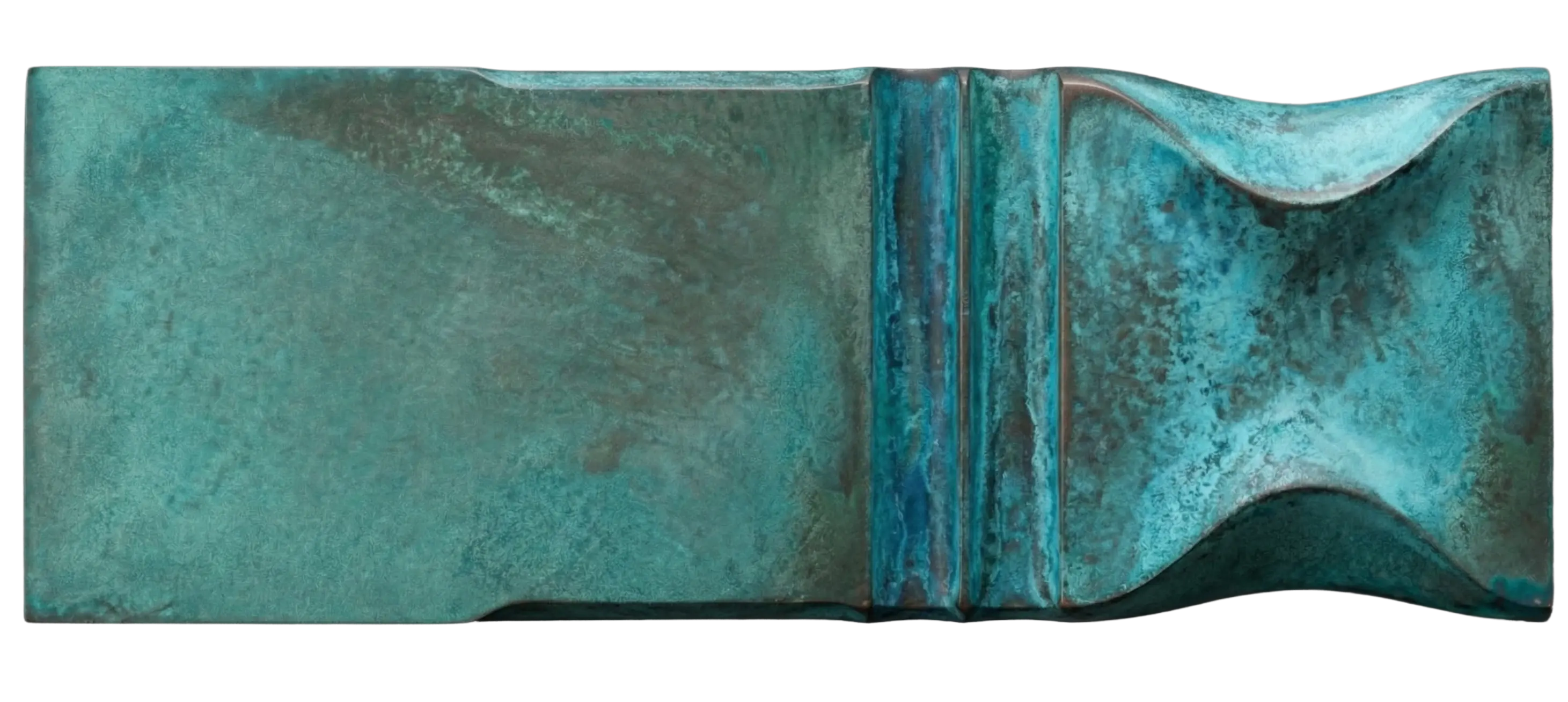 Copper Tiffany Patina sculpted sample panel by Modulux with turquoise blue-green oxidized finish and soft curved geometry