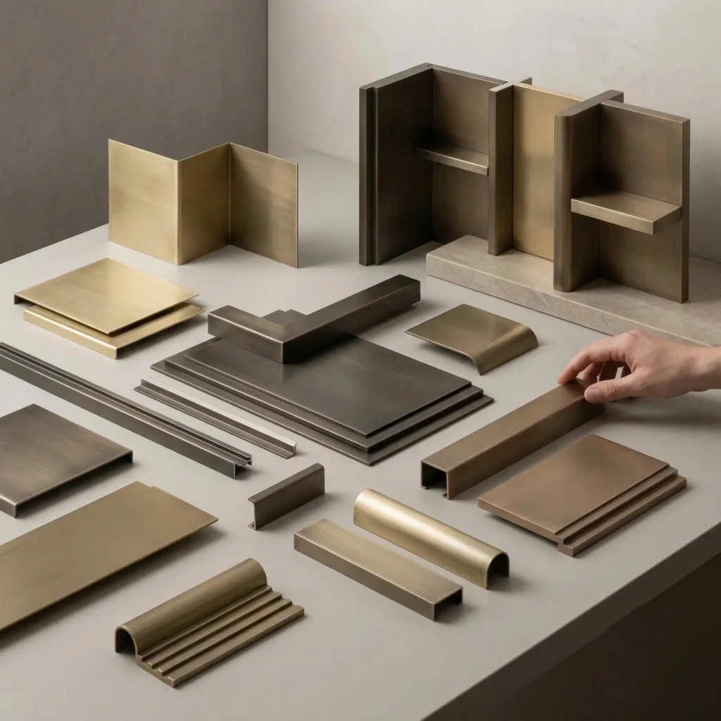 Architectural metal finish samples in brushed brass and bronze tones arranged on a specification table, showing folded profiles, panels, radiused forms, and material studies by MetaliQ by Modulux
