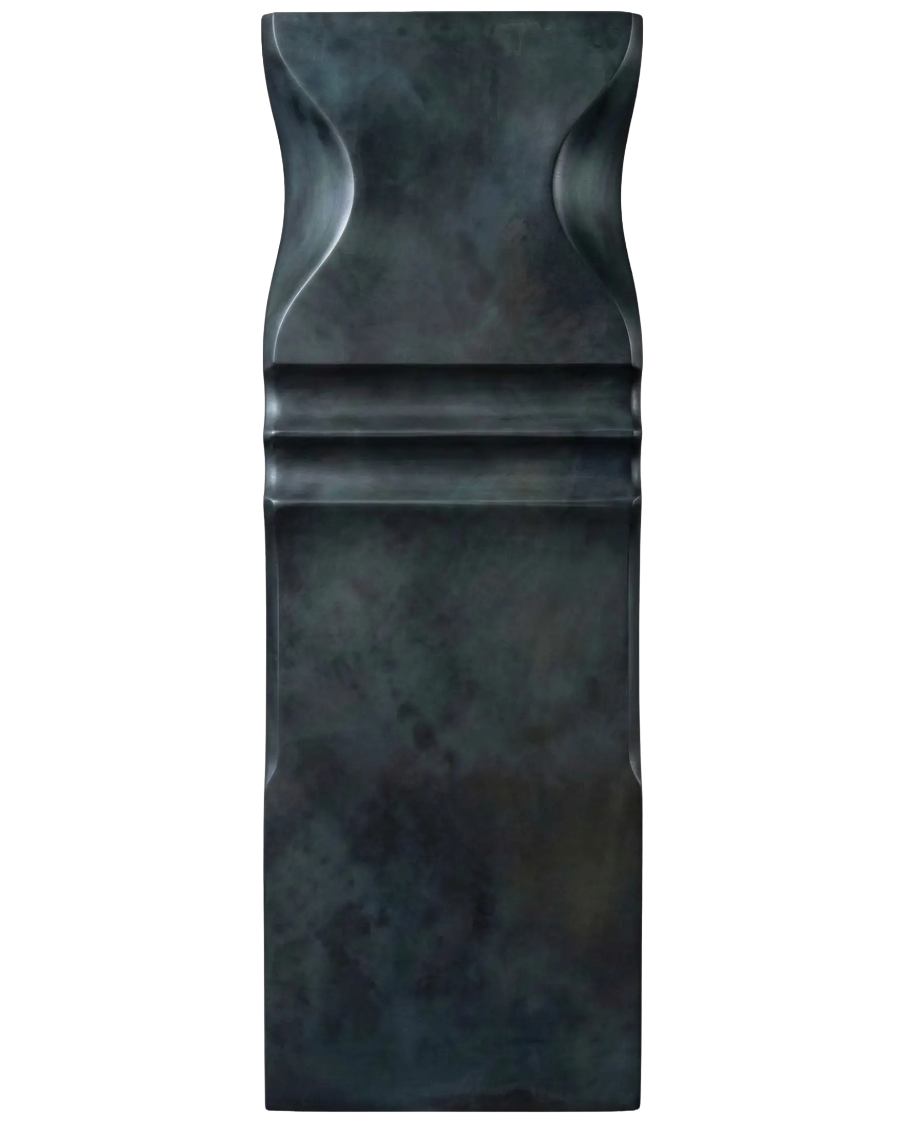 Blackened Zinc liquid metal finish sample by Modulux, vertical mobile format with dark patinated zinc surface and curved architectural detailing