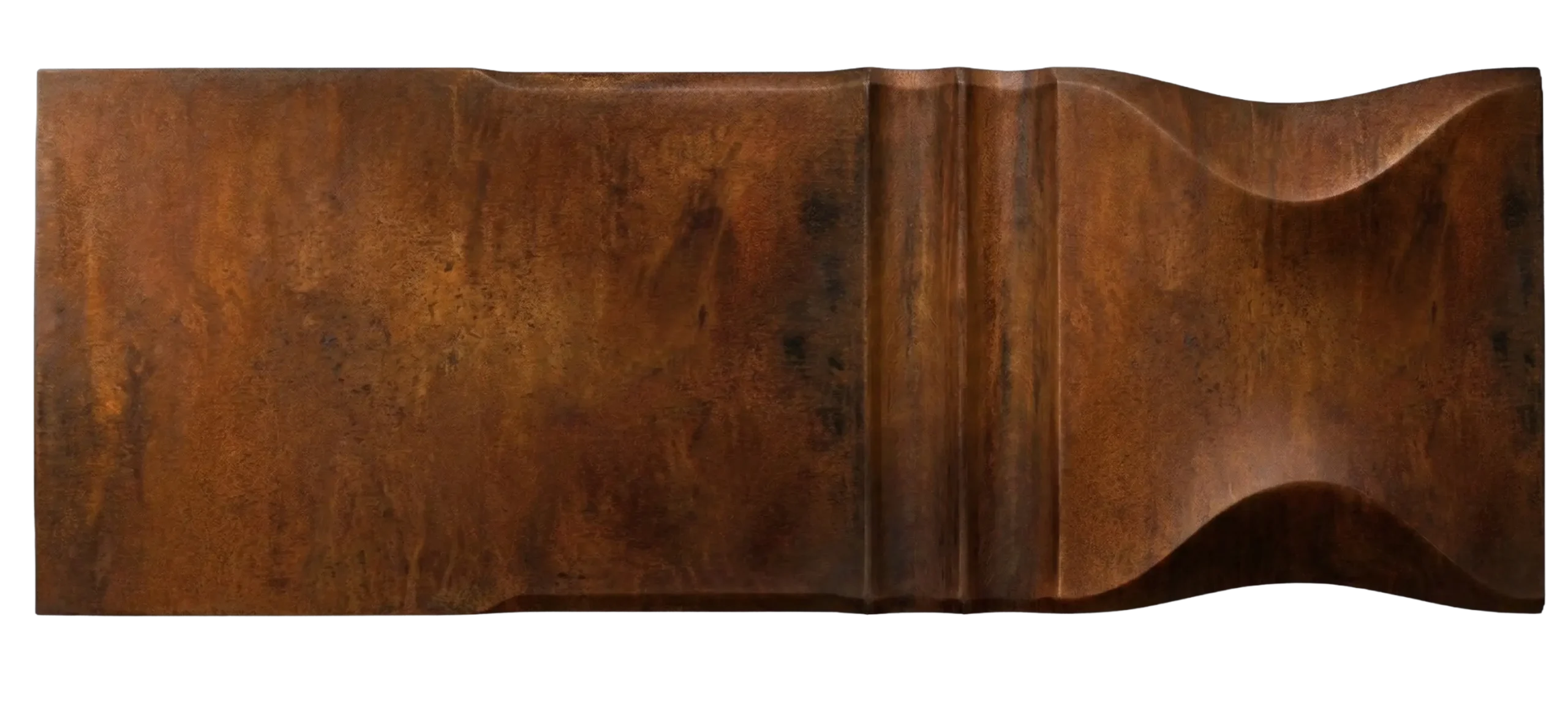 Rust architectural metal finish sample by MODULUX with sculpted profile and warm oxidized brown texture