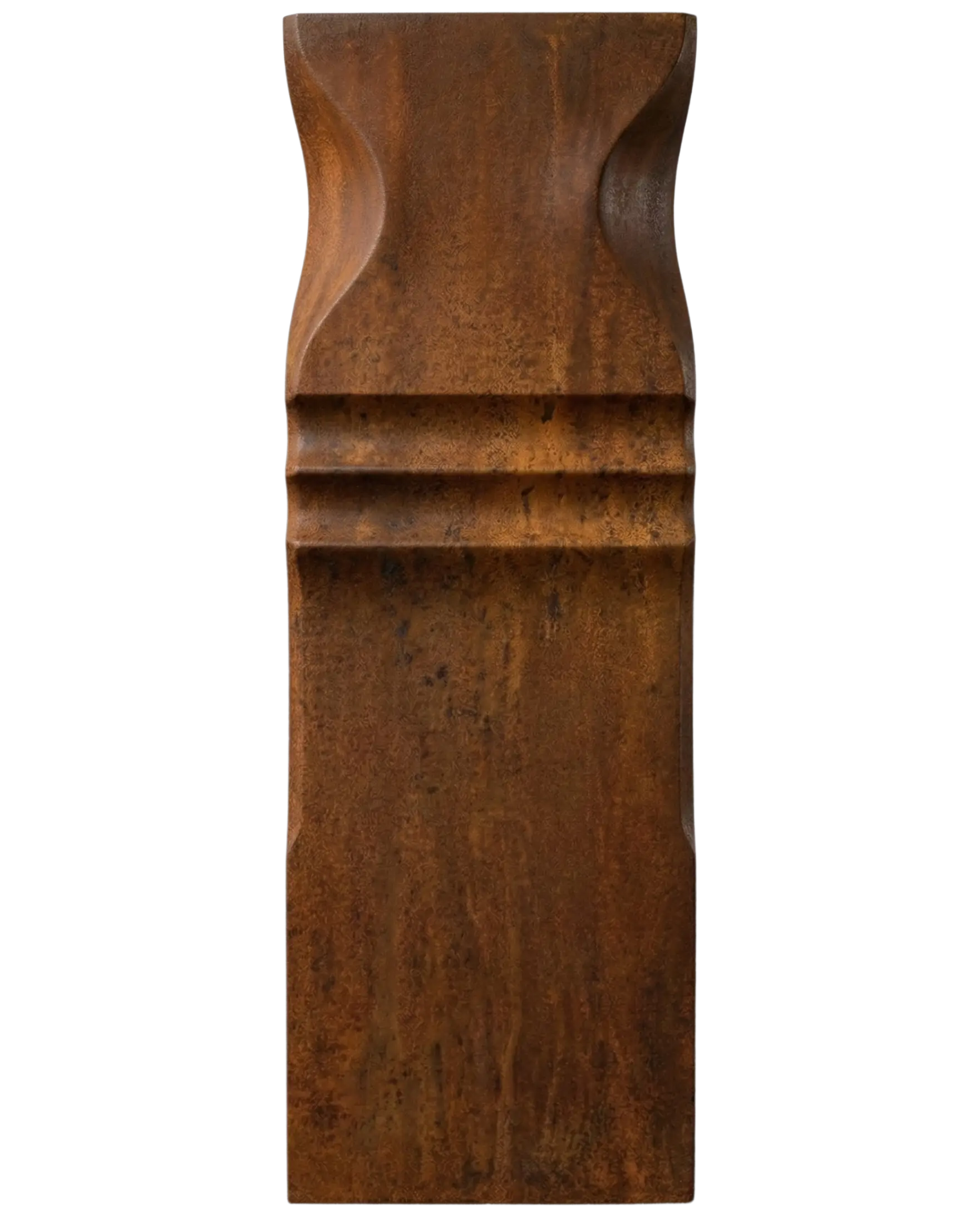 Close view of Rust architectural metal finish sample by MODULUX with warm brown oxidized texture and curved profile