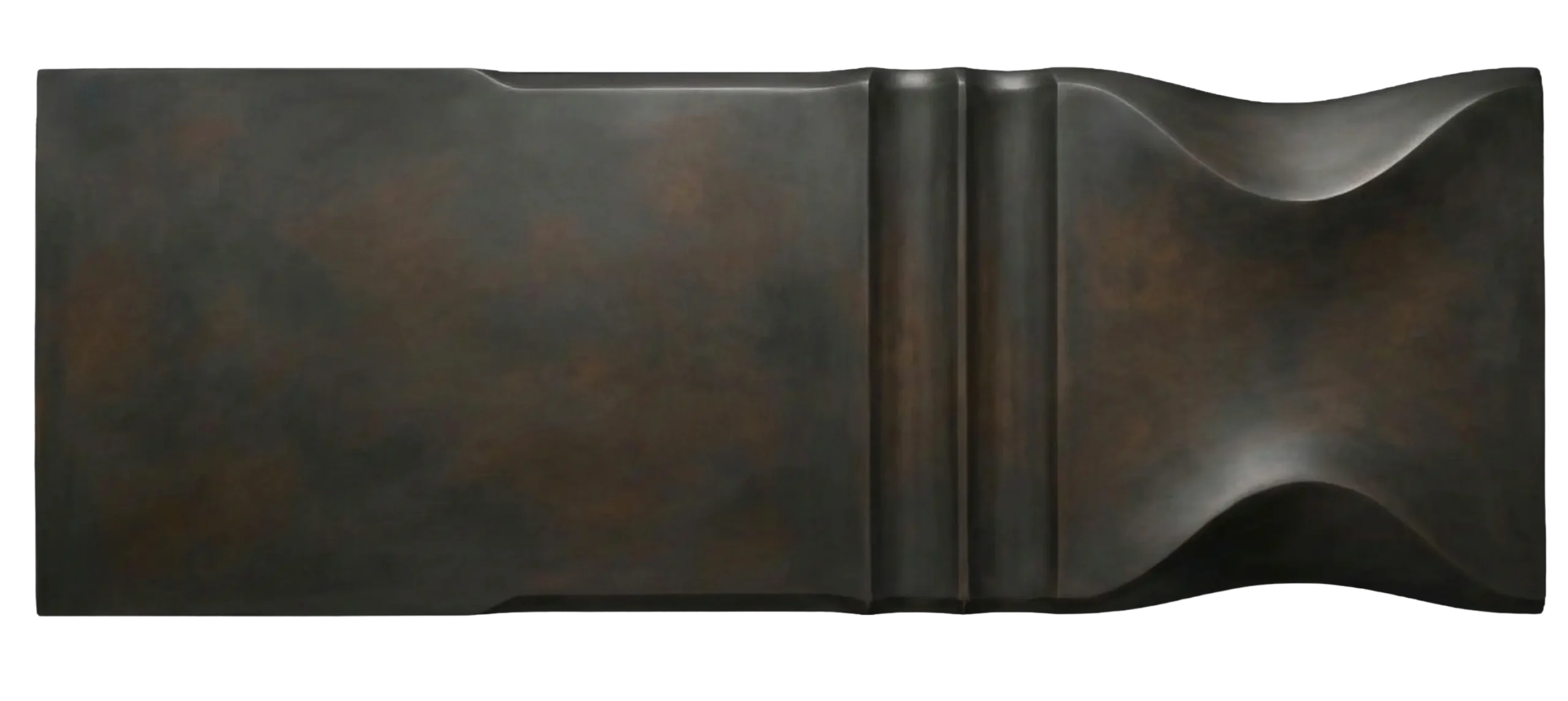 Blackened Bronze finish sample by Modulux, showing a dark architectural bronze surface with soft patina movement and sculpted profile detail