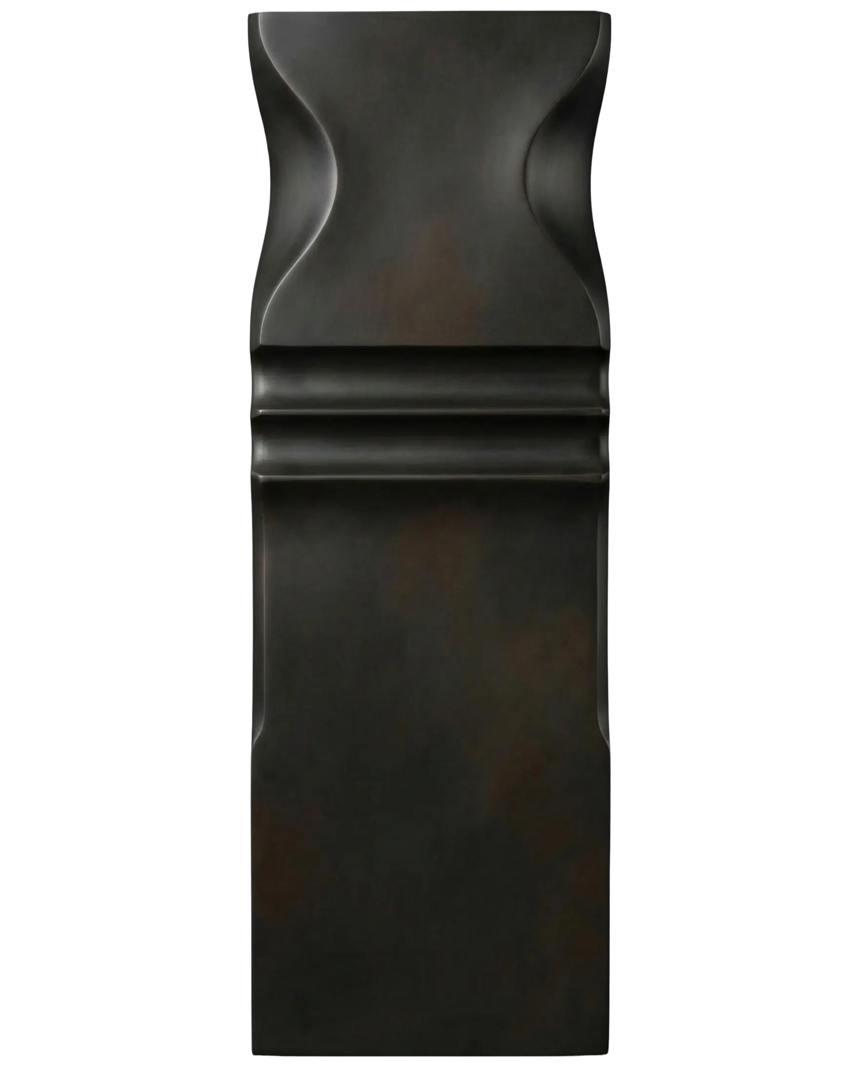 Vertical Blackened Bronze finish sample by Modulux with dark bronze patina, smooth curvature, and architectural metal surface character
