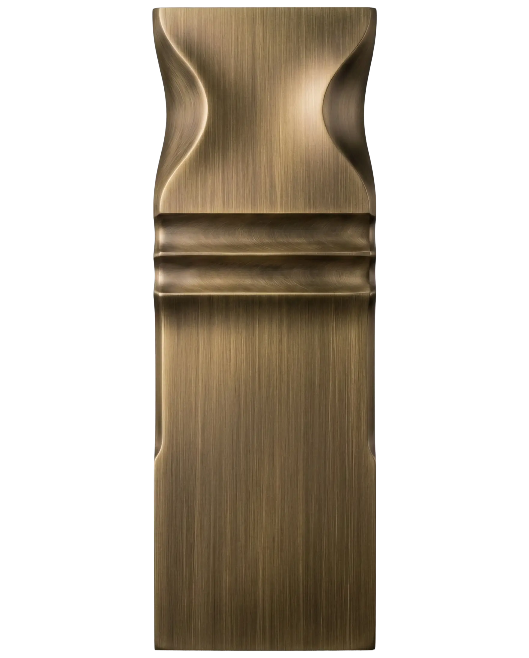 Mobile format Blackened Hairline Brushed Brass sample with dark brass coloration and fine hairline brushed texture for architectural finishes