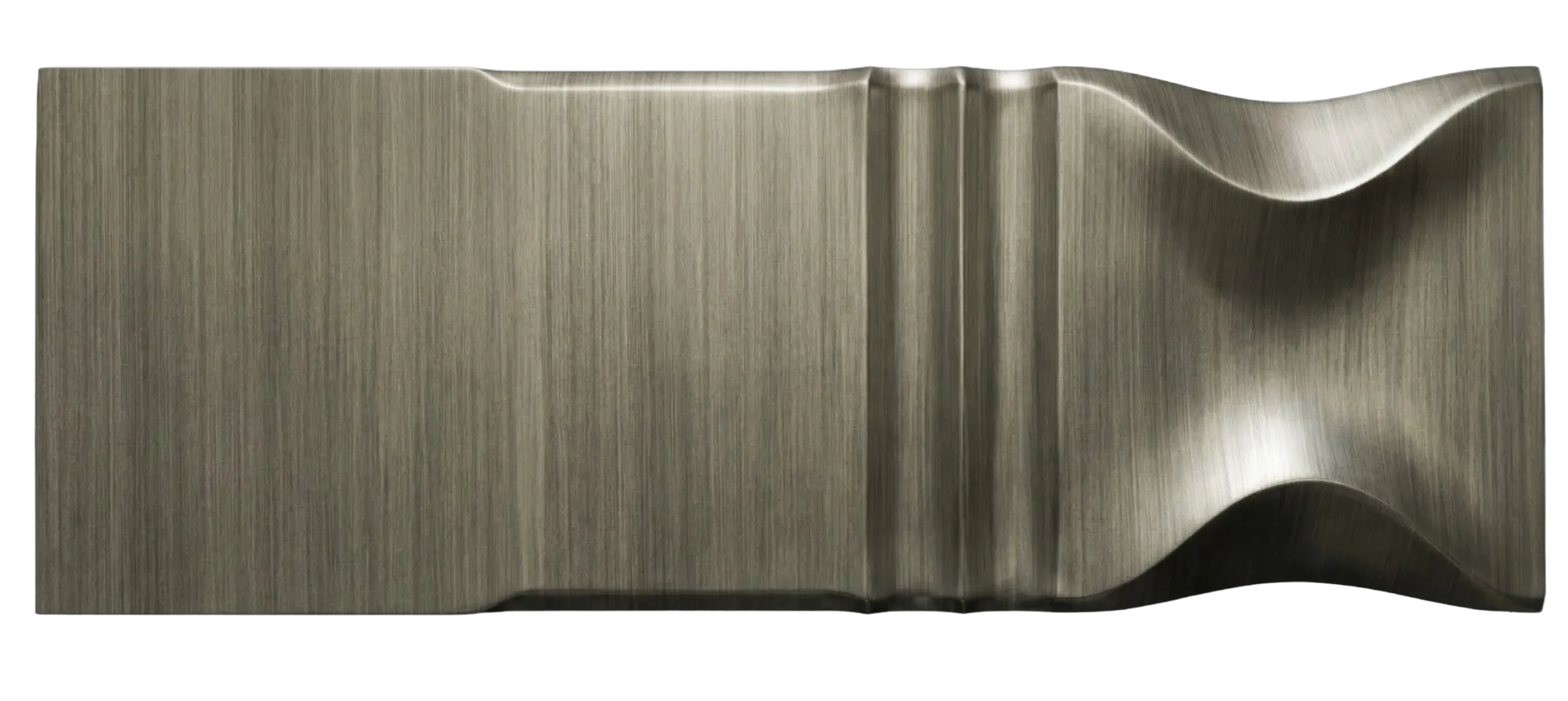 Brushed Zinc architectural metal finish sample by MODULUX, horizontal profile with soft silver-grey tone and fine linear brushed texture