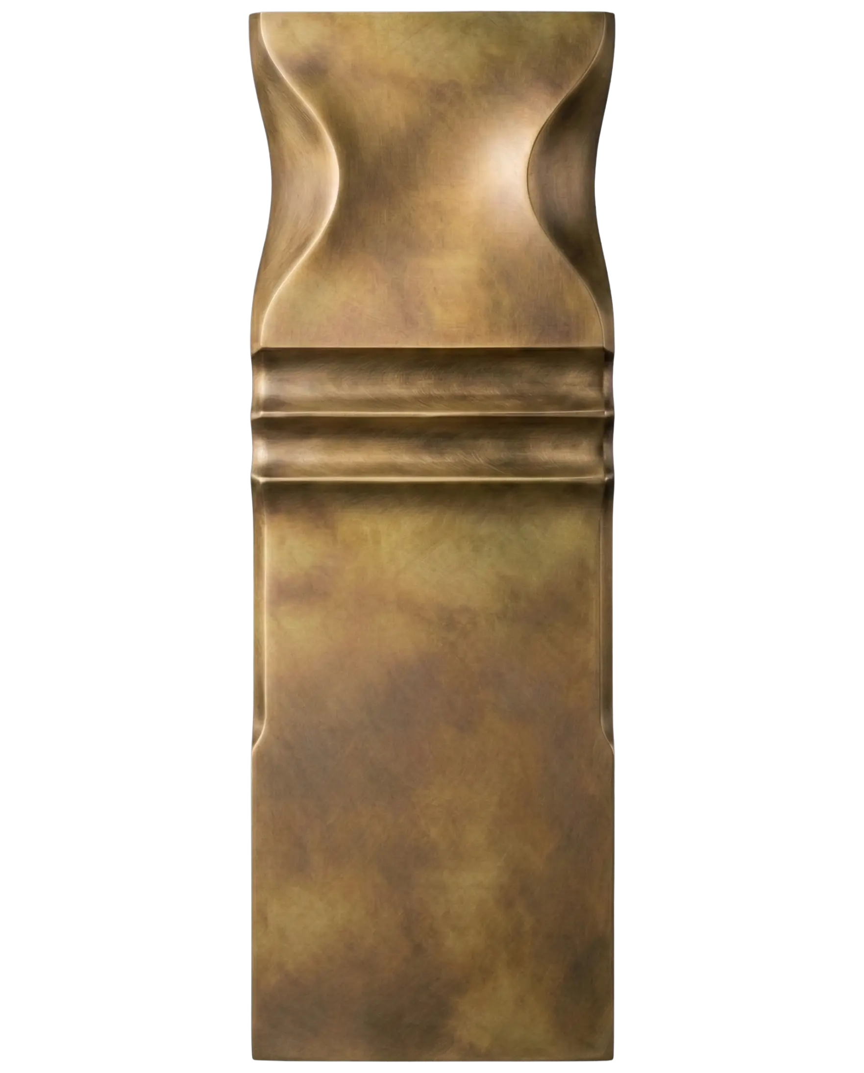 Vertical Cloudy Blackened Brass liquid metal finish sample with soft dark patina variation on an architectural profile by MODULUX