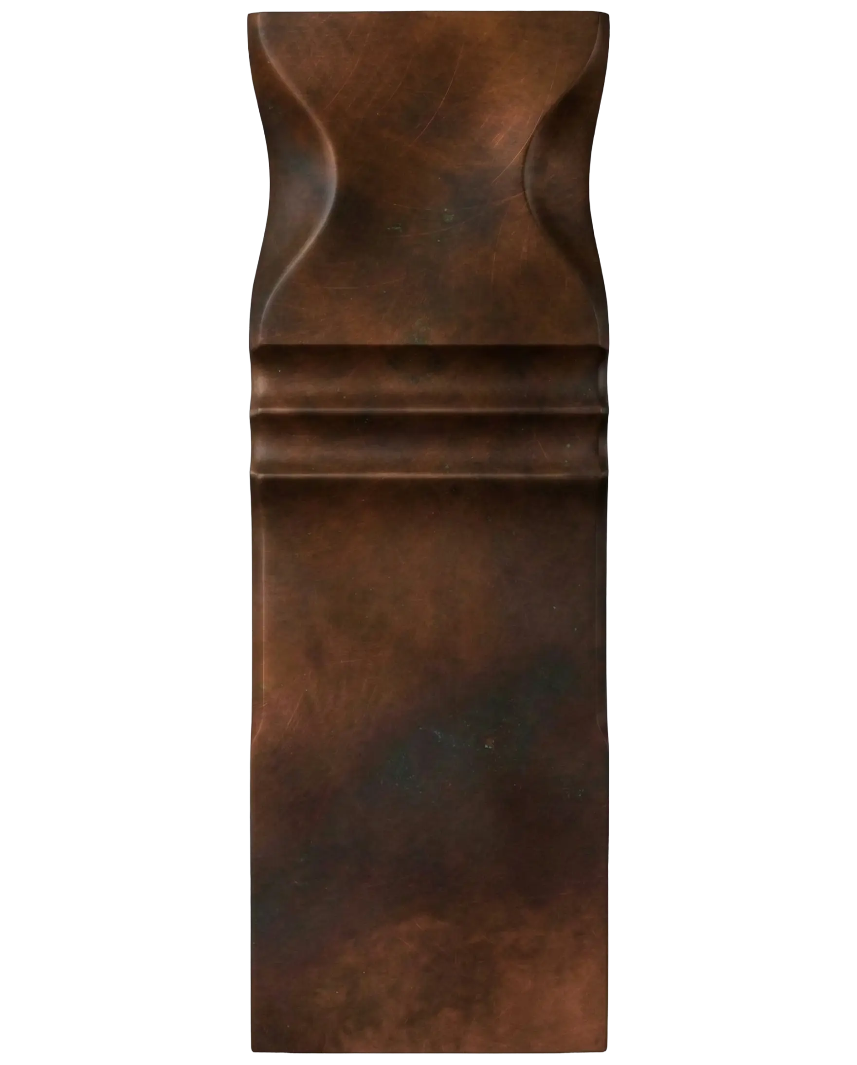 Vertical Blackened Copper architectural finish sample by Modulux with dark copper patina, sculpted surface transitions, and decorative metal detailing