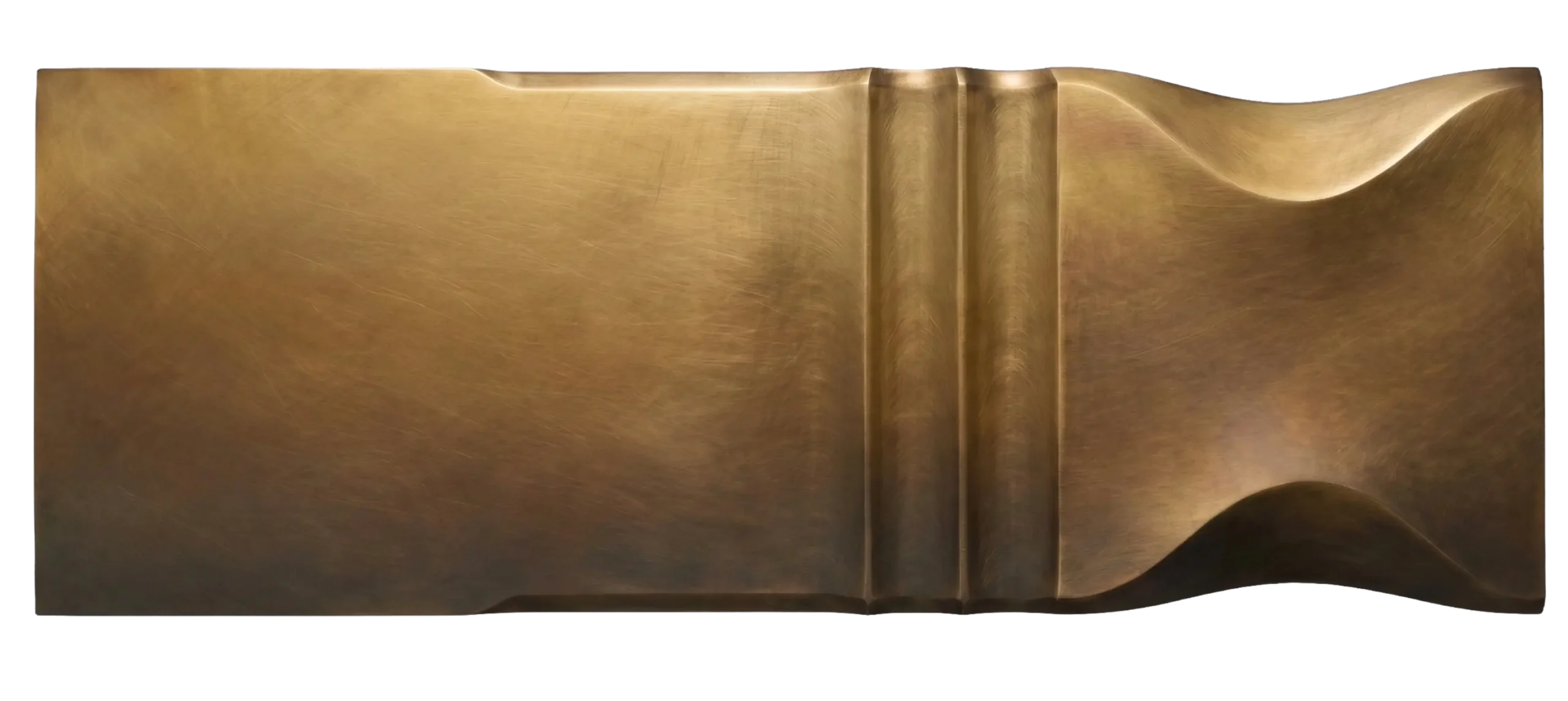 Ombre Patina Brass sculptural sample by Modulux with brushed brass tones and darkened patina transition across curved architectural geometry