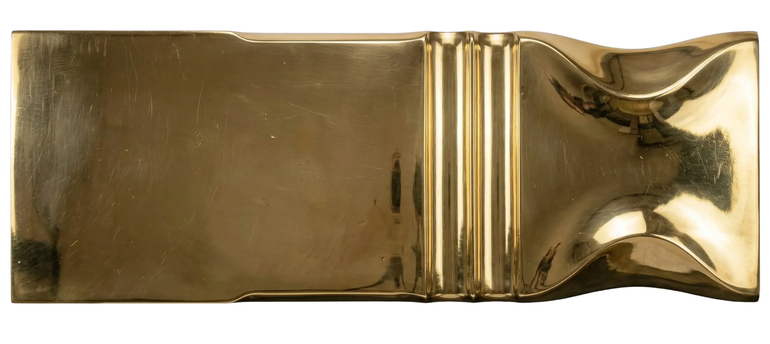 Polished Brass architectural metal finish sample by MODULUX, front view, mirror-like warm brass surface with sculpted profile detail