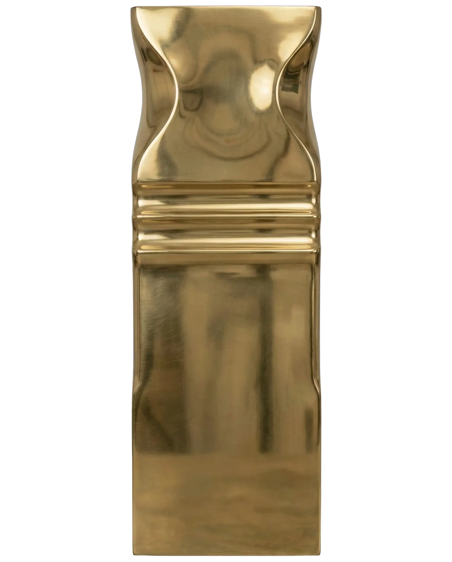 Polished Brass finish sample by MODULUX for interior design, vertical composition with reflective brass surface and soft sculpted profile