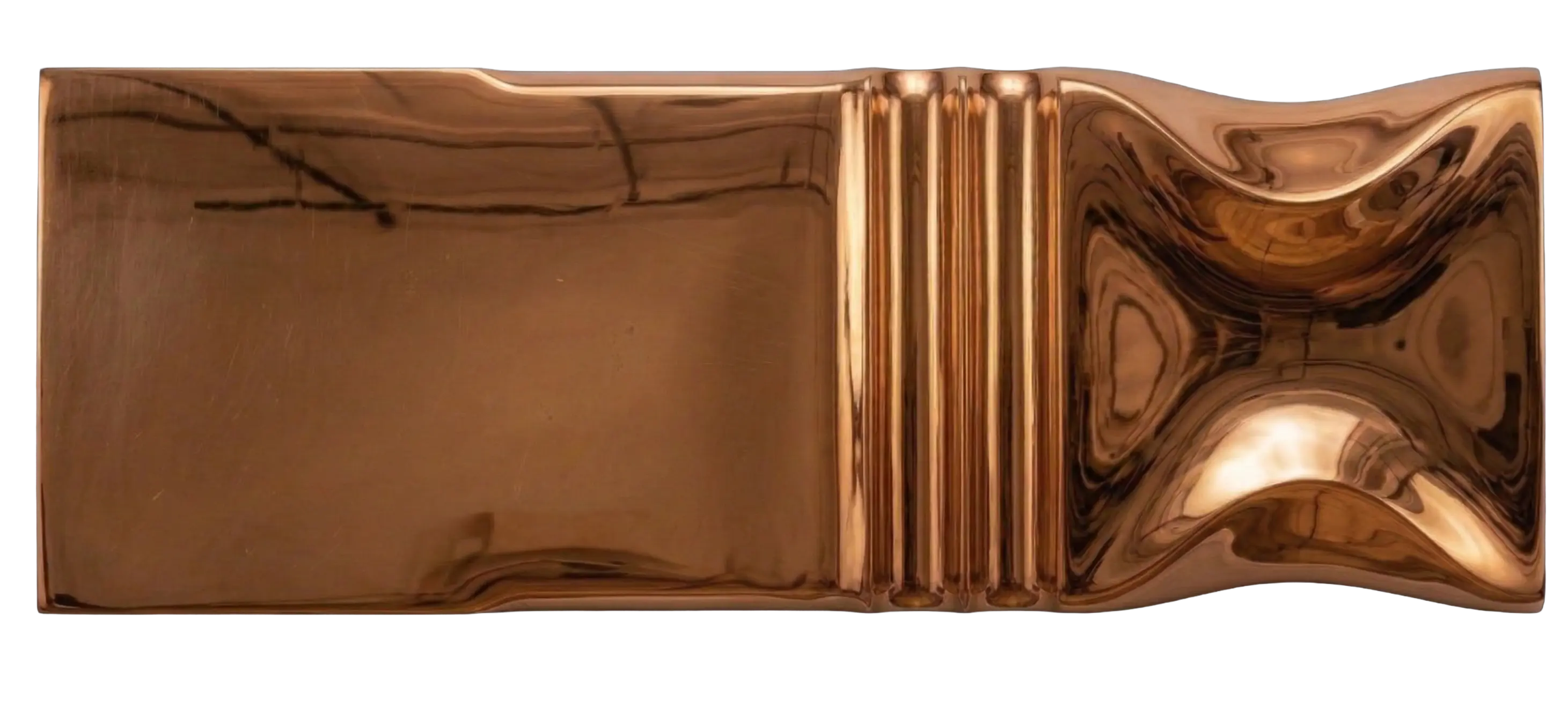 Polished Copper liquid metal finish sample by Modulux, glossy reflective copper surface with sculpted architectural geometry