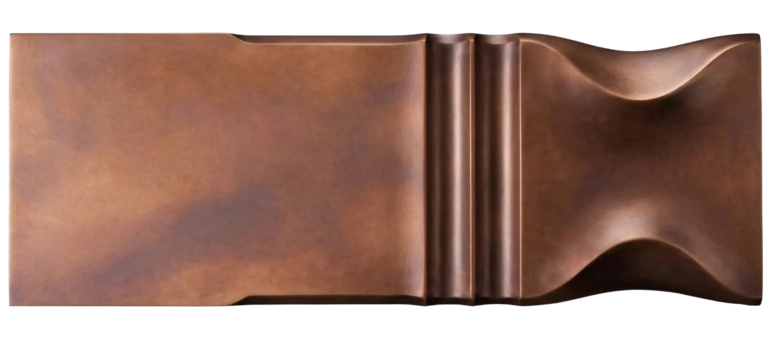 Smoked Patina Copper architectural metal finish sample by Modulux, showing a warm dark copper surface with natural patina variation and sculpted profile detail