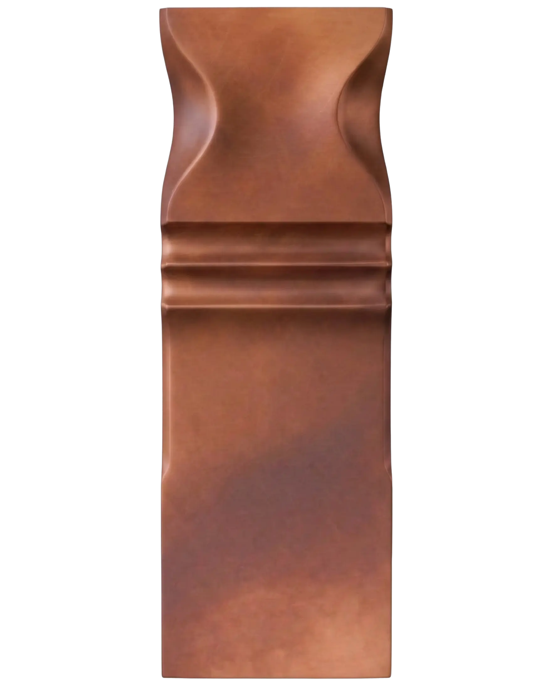 Smoked Patina Copper architectural metal finish sample by Modulux in vertical format, featuring warm aged copper tones, soft patina movement, and profile detailing