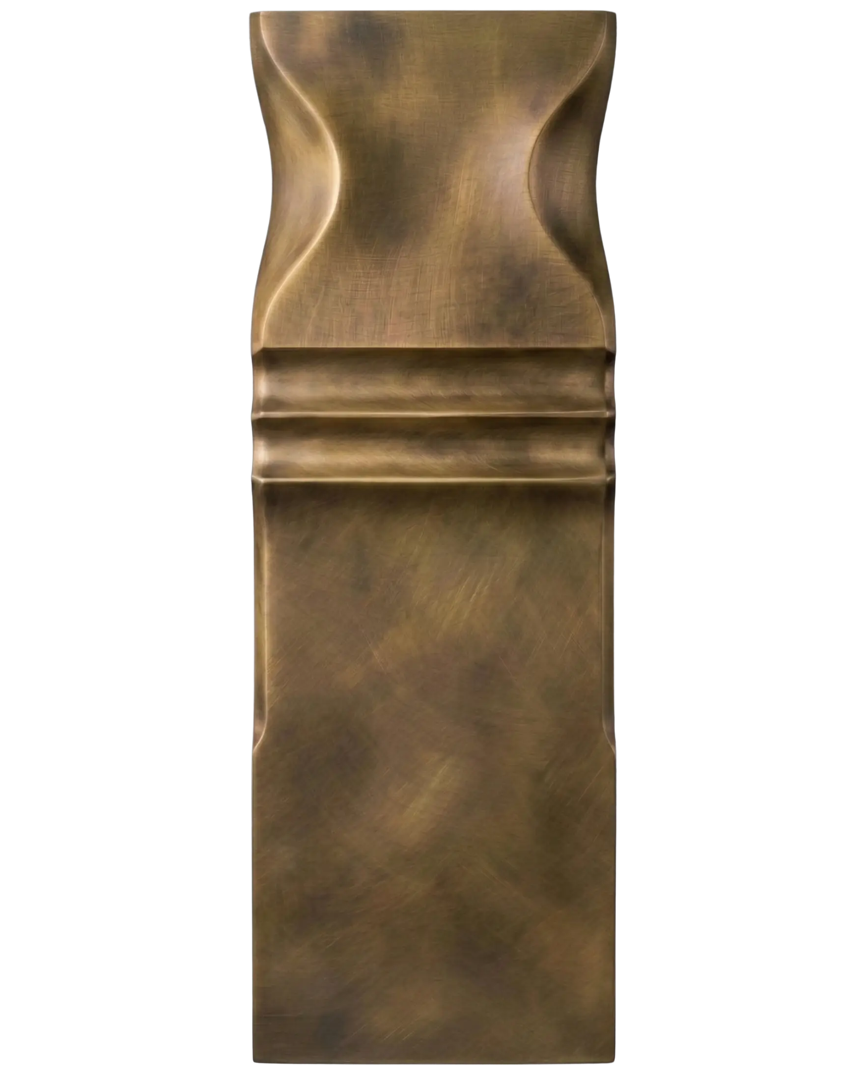 Close view of Smoked Patina Brass architectural finish samples by Modulux with warm smoky brass patina and hand-finished surface texture