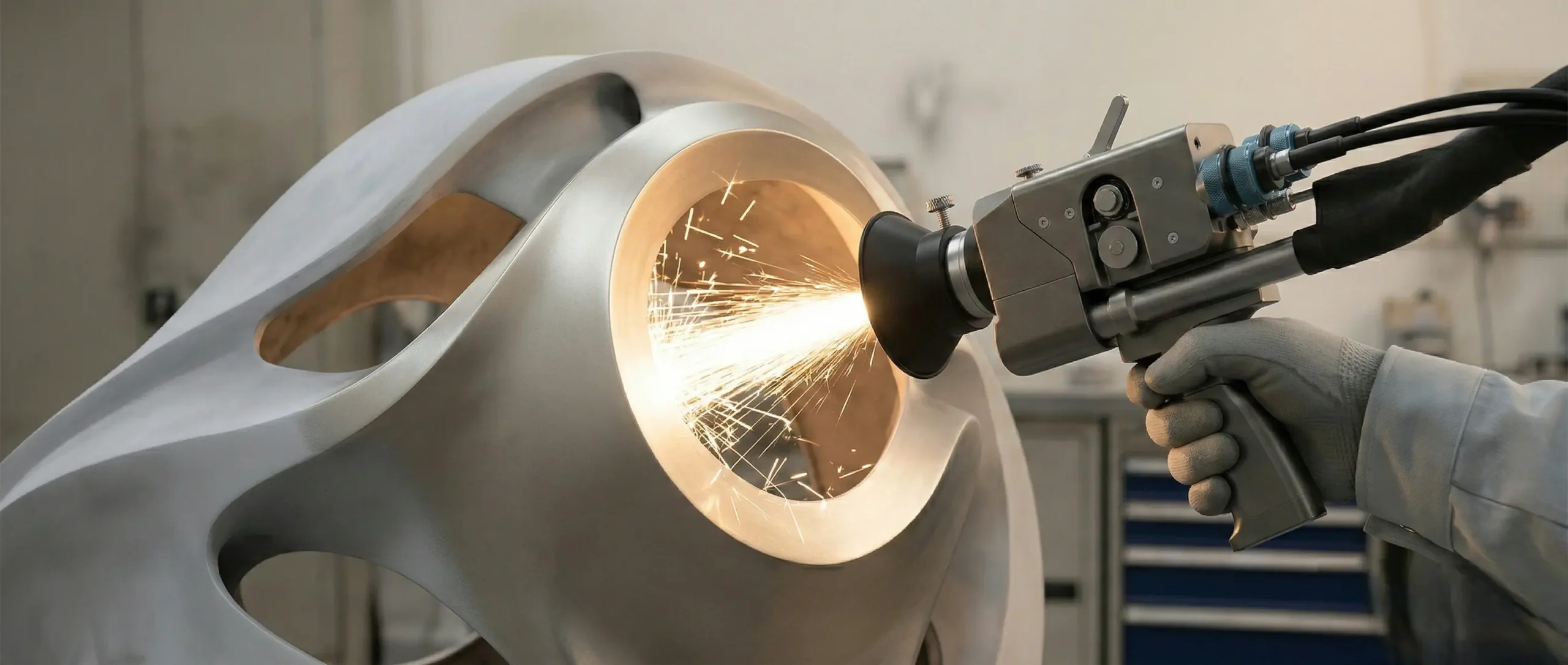 Arc wire spray gun applying a real metal coating to a sculptural architectural form, with controlled sparks in a clean spray booth.