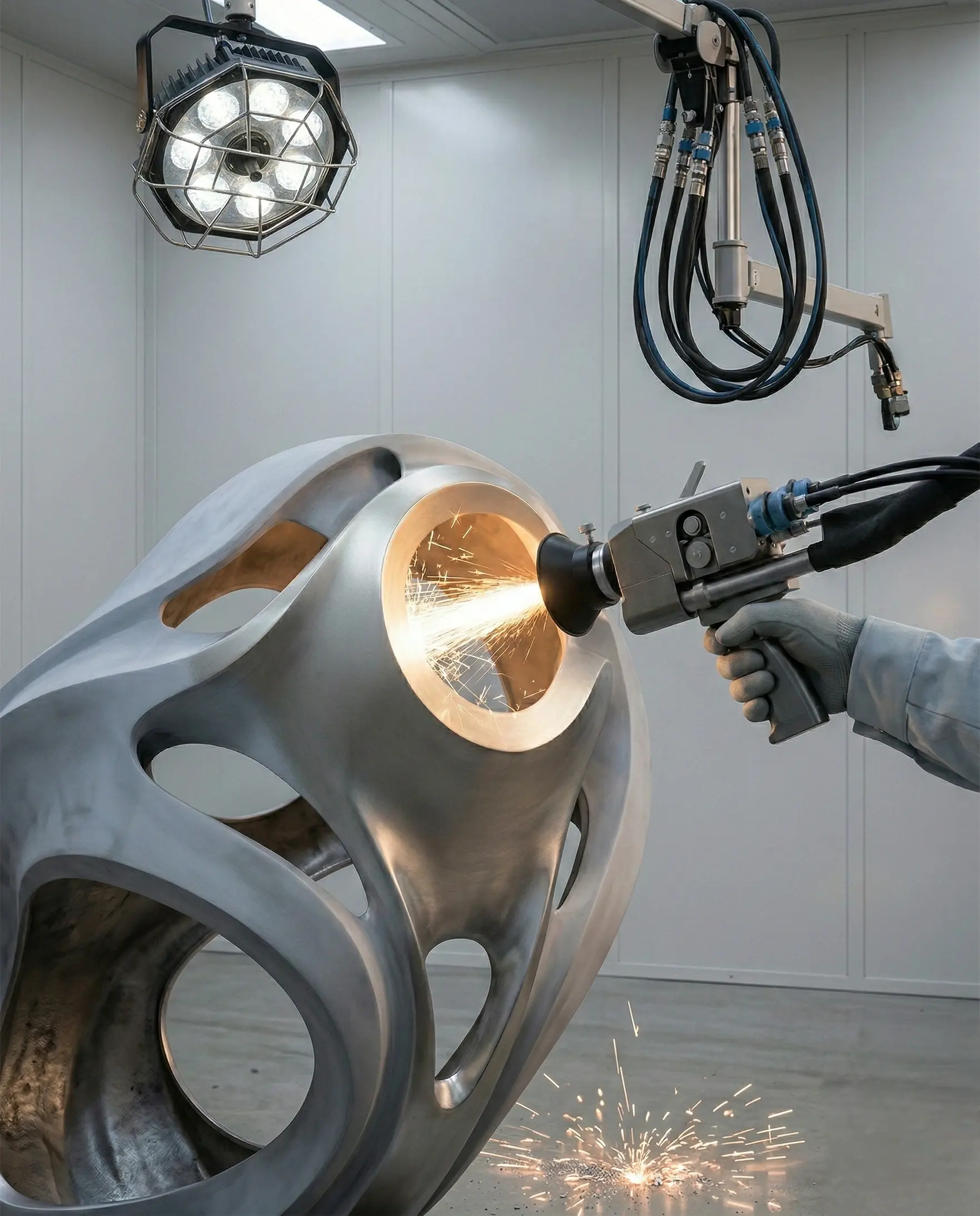 Close up of an arc wire spray gun depositing real metal onto a curved architectural component, with sparks showing the active coating process.