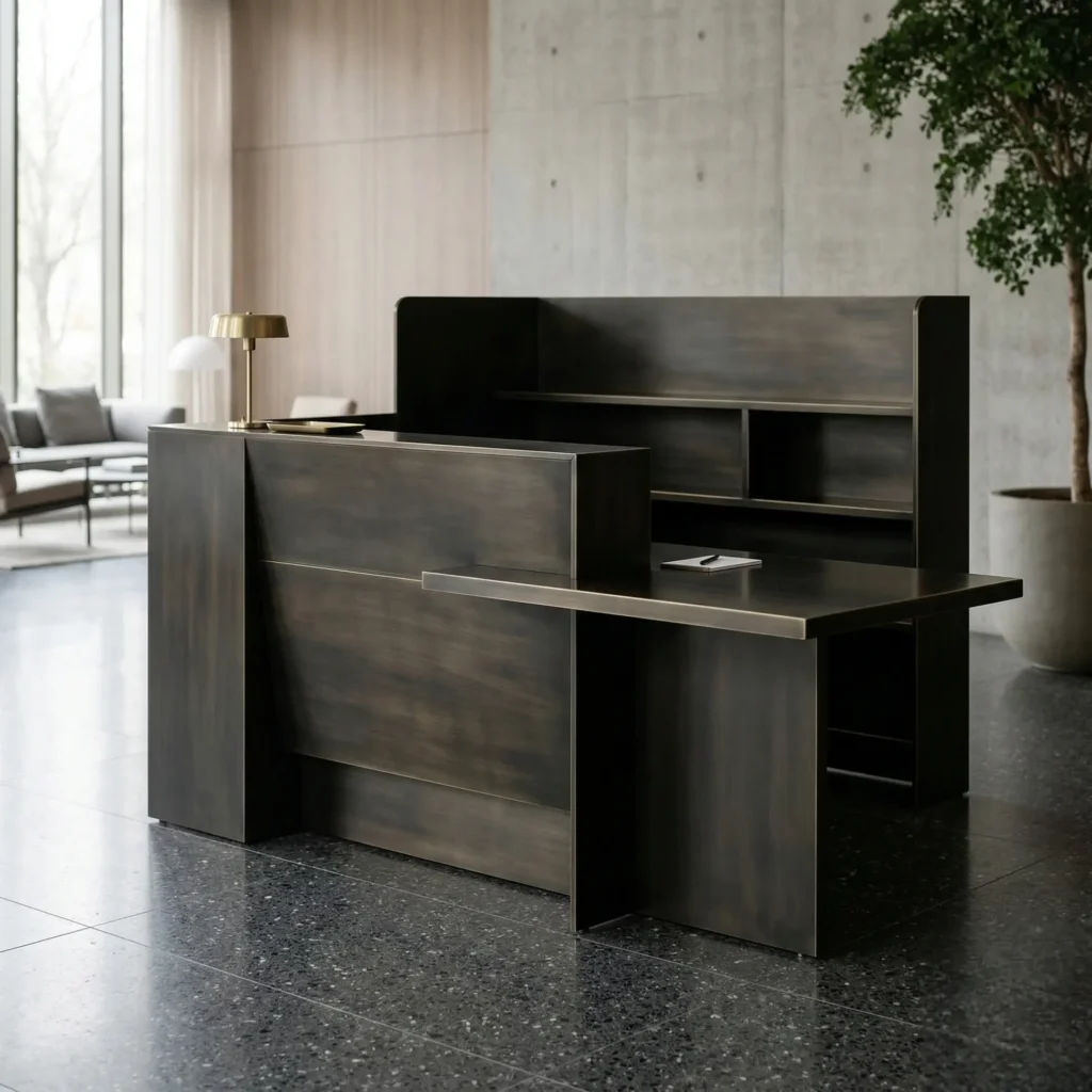 Custom reception desk with a darkened architectural metal finish in a modern lobby interior