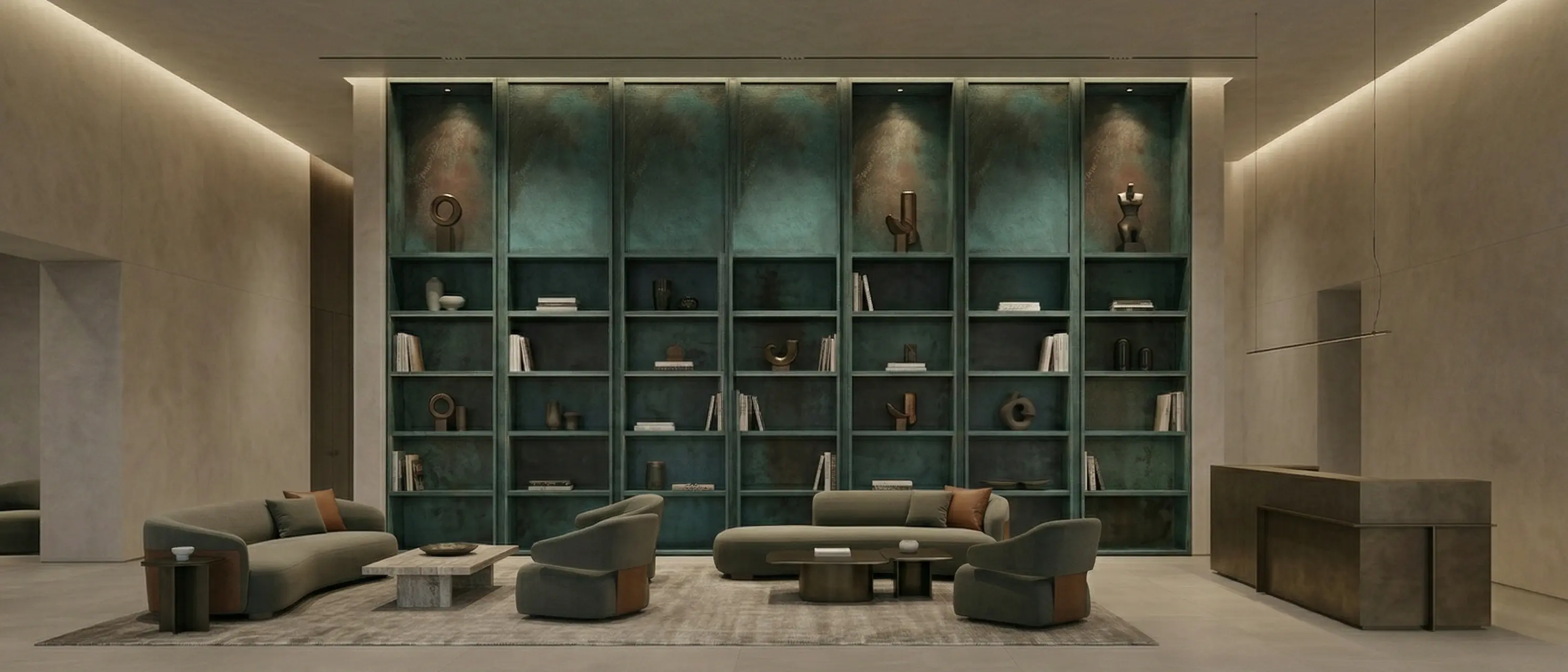 Designed metal bookcase with copper patina finish in a hotel lobby