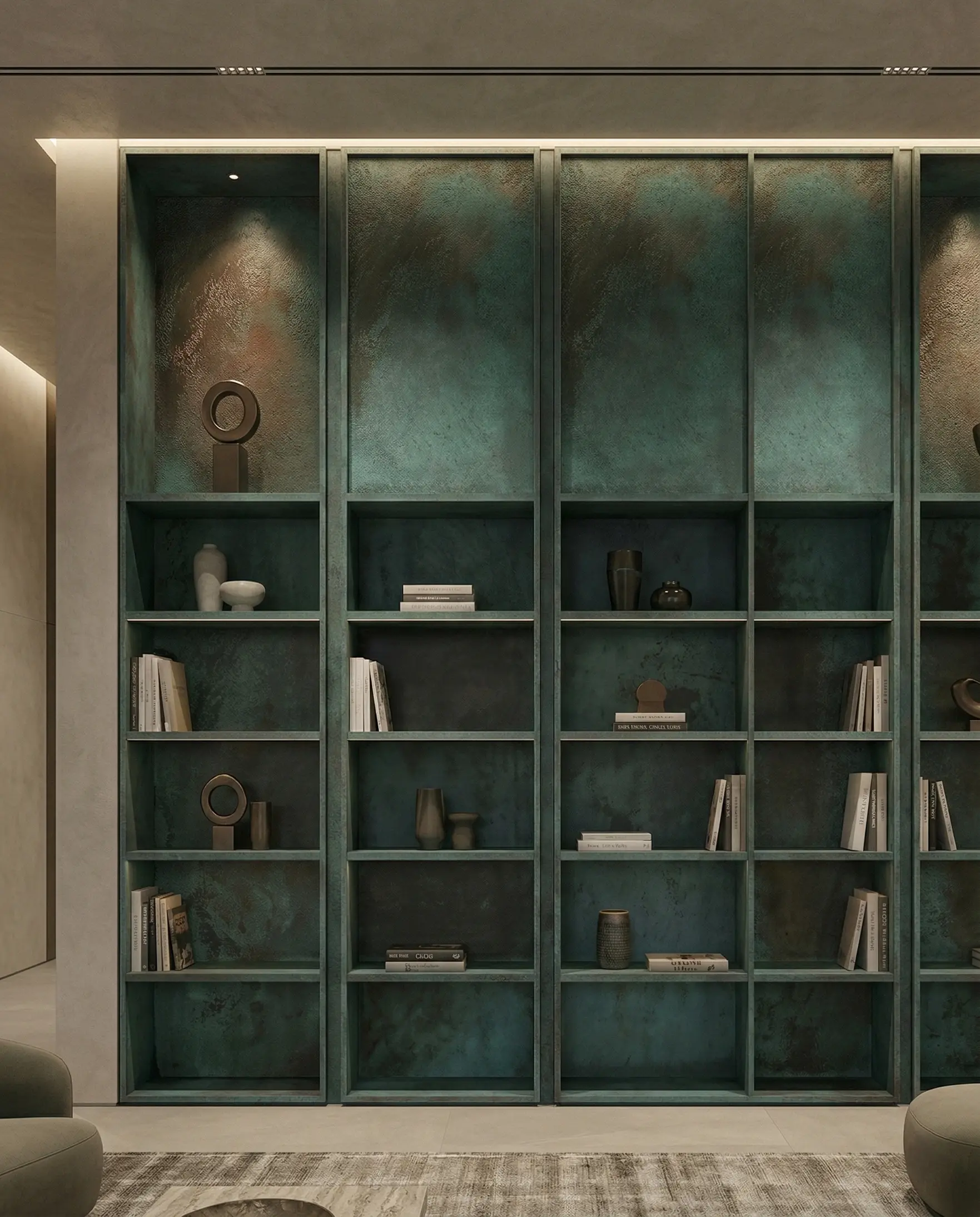 Designed metal bookcase with copper patina finish and integrated shelving in a hotel lobby