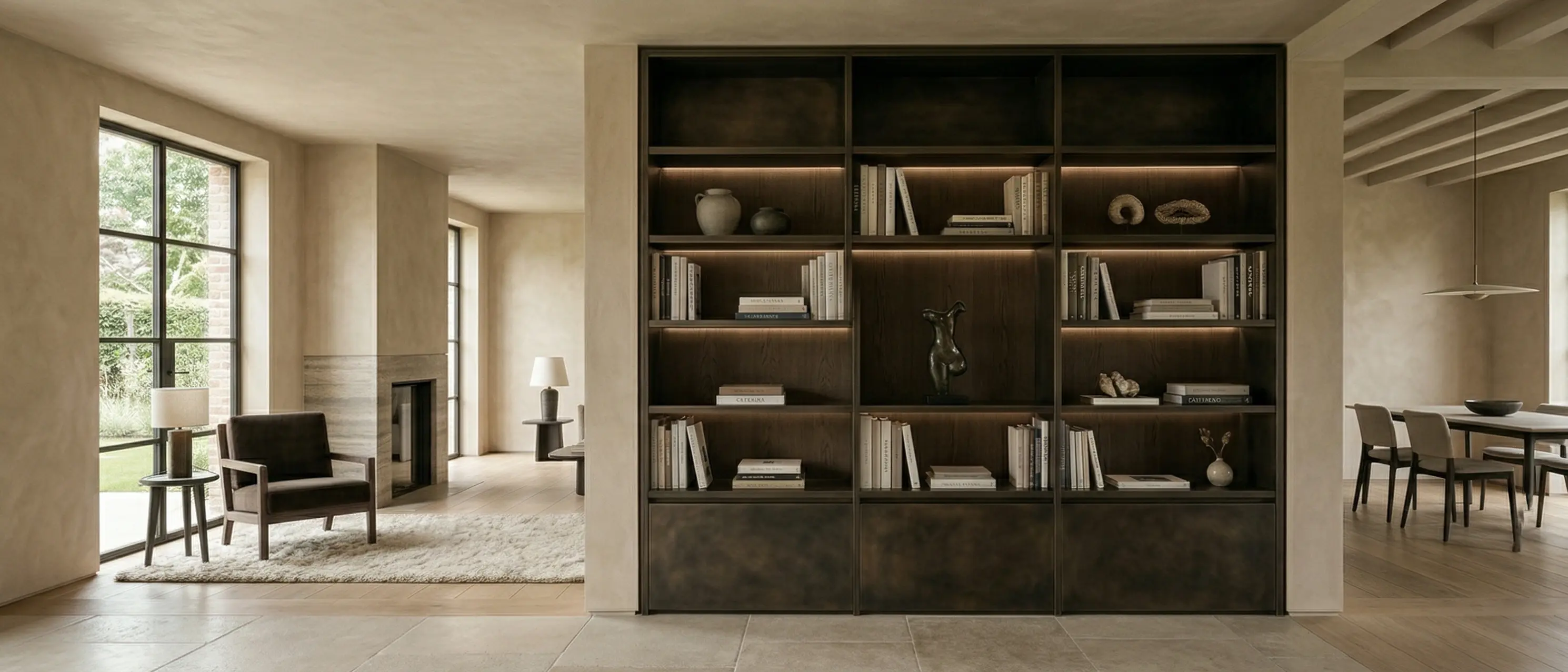 Designed metal bookcase with dark metal finish in a warm architectural interior