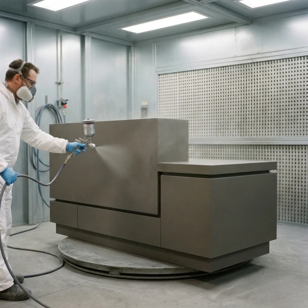 LuxKote ceramic coating being spray applied to a modern architectural reception desk in a clean professional spray booth