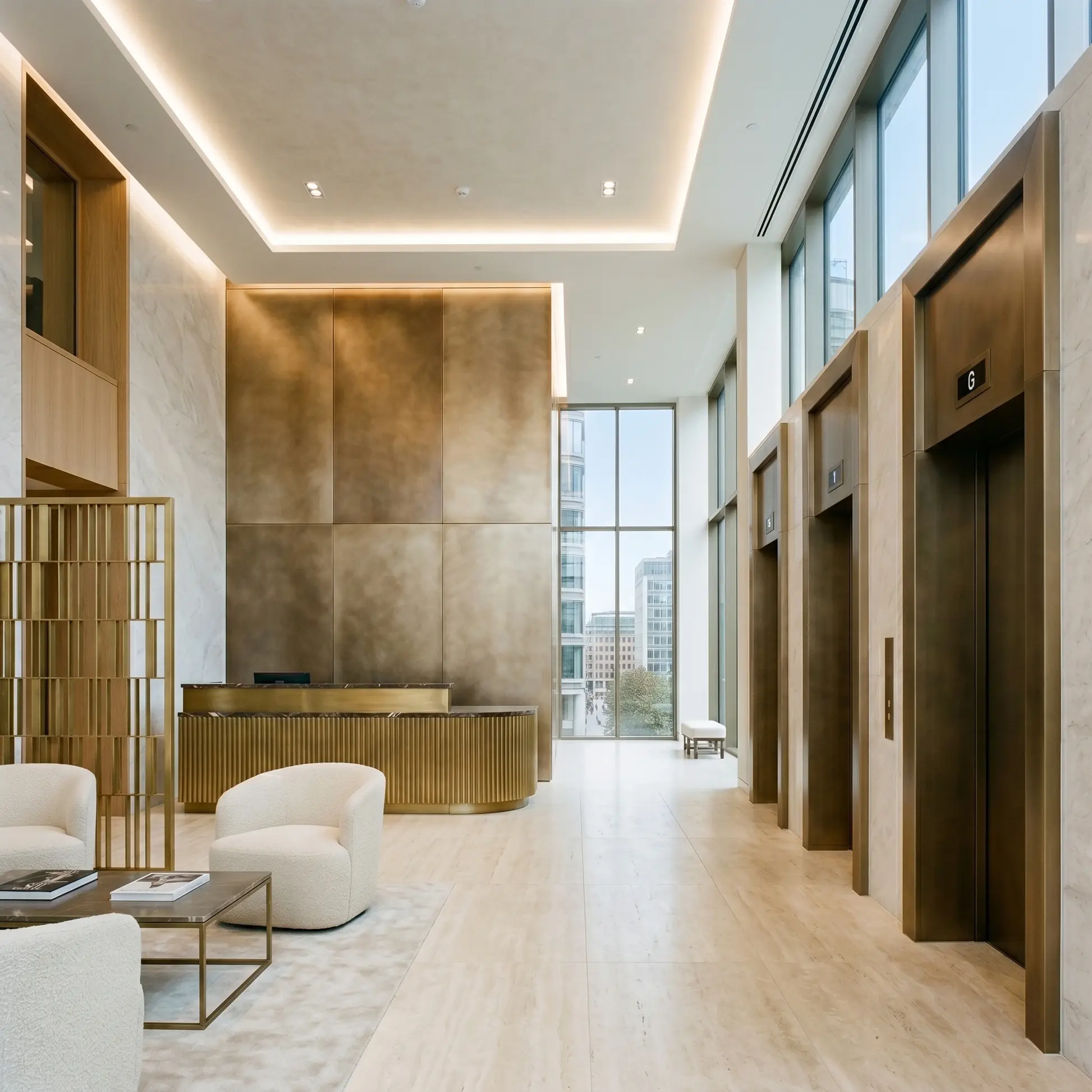 Bright luxury commercial lobby with liquid metal feature wall, metallic reception desk, elevator doors, elevator frames, stone flooring, and coordinated architectural finishes.
