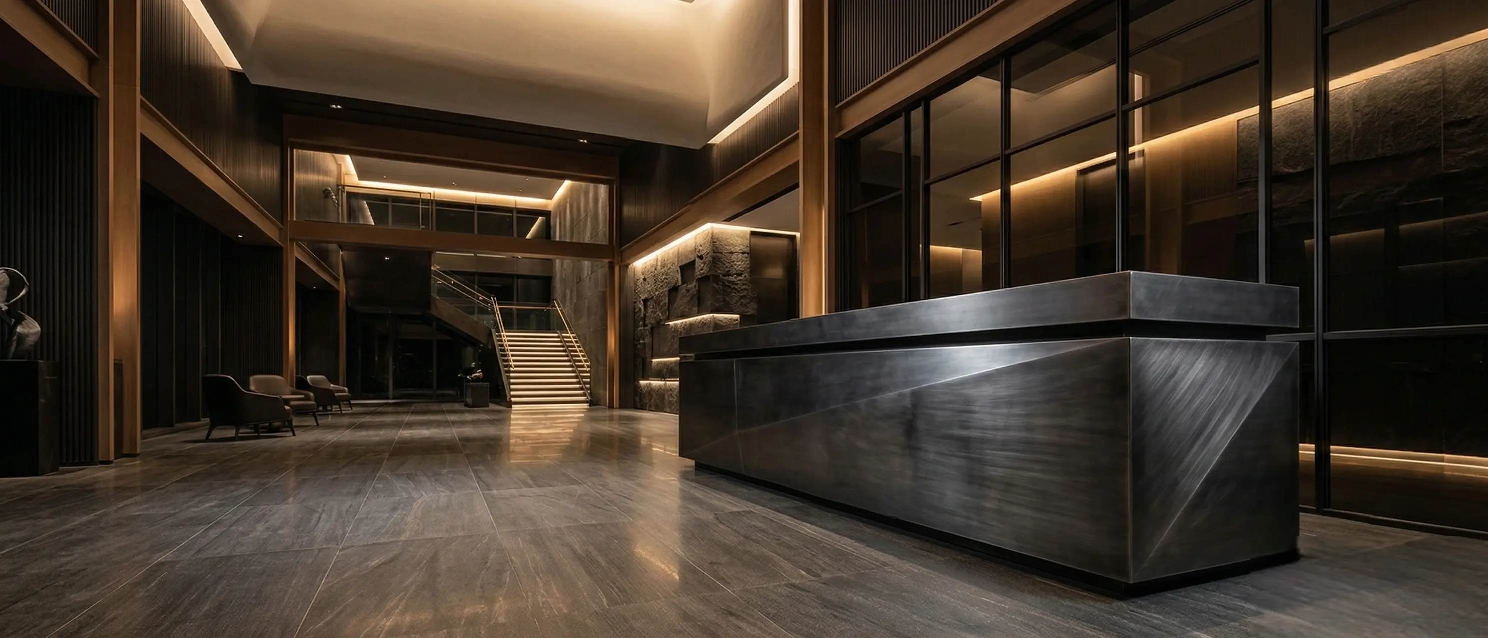 Custom reception desk with dark metal finish in a premium architectural lobby by Modulux