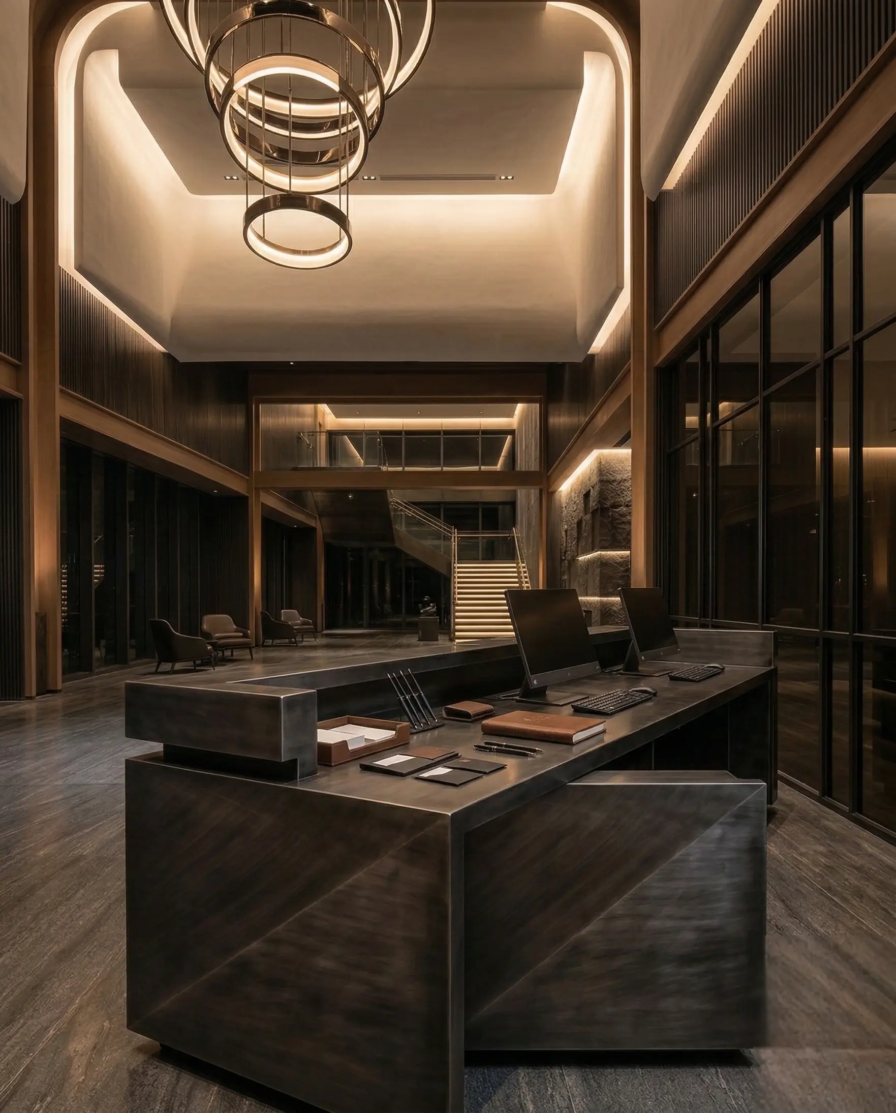 Dark metal reception desk in a premium lobby interior by Modulux