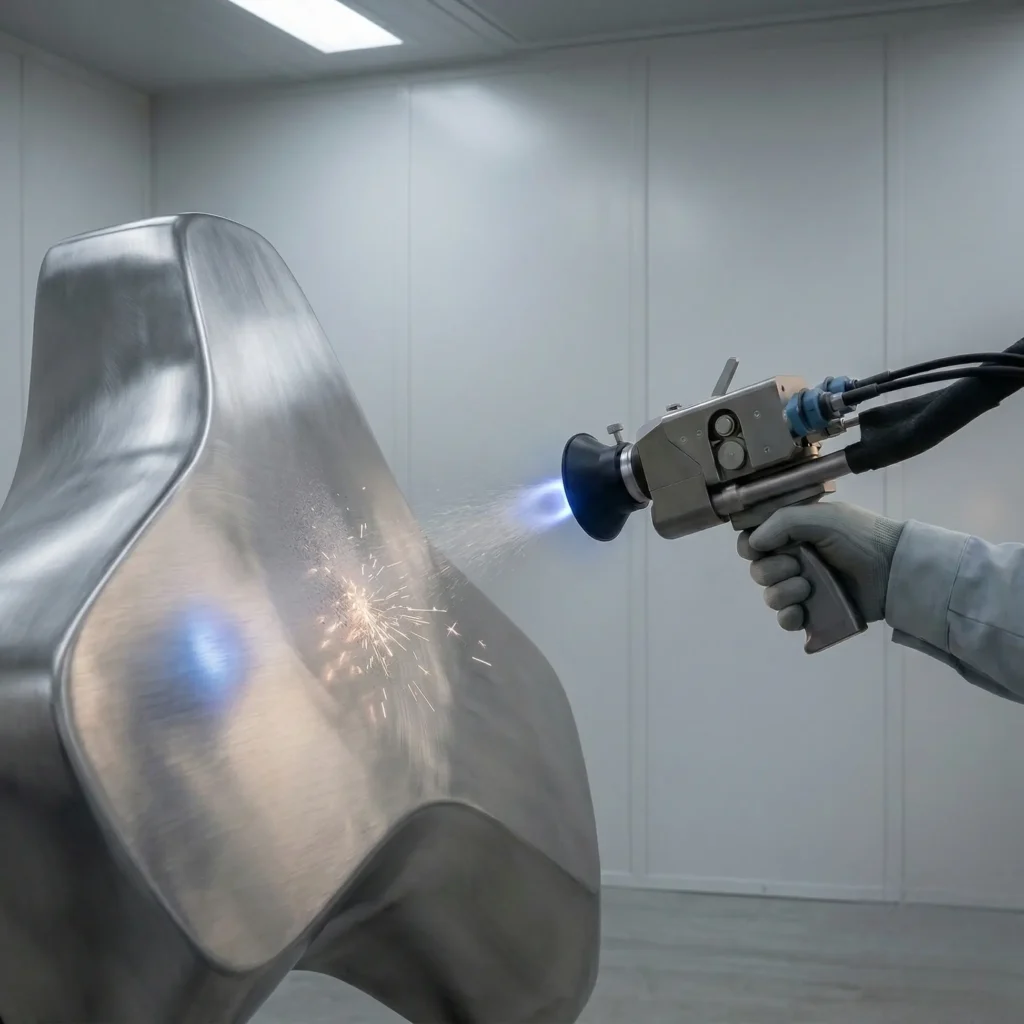 Arc metal spraying gun applying a real metal layer onto a sculptural surface during the TruMetal metallization process