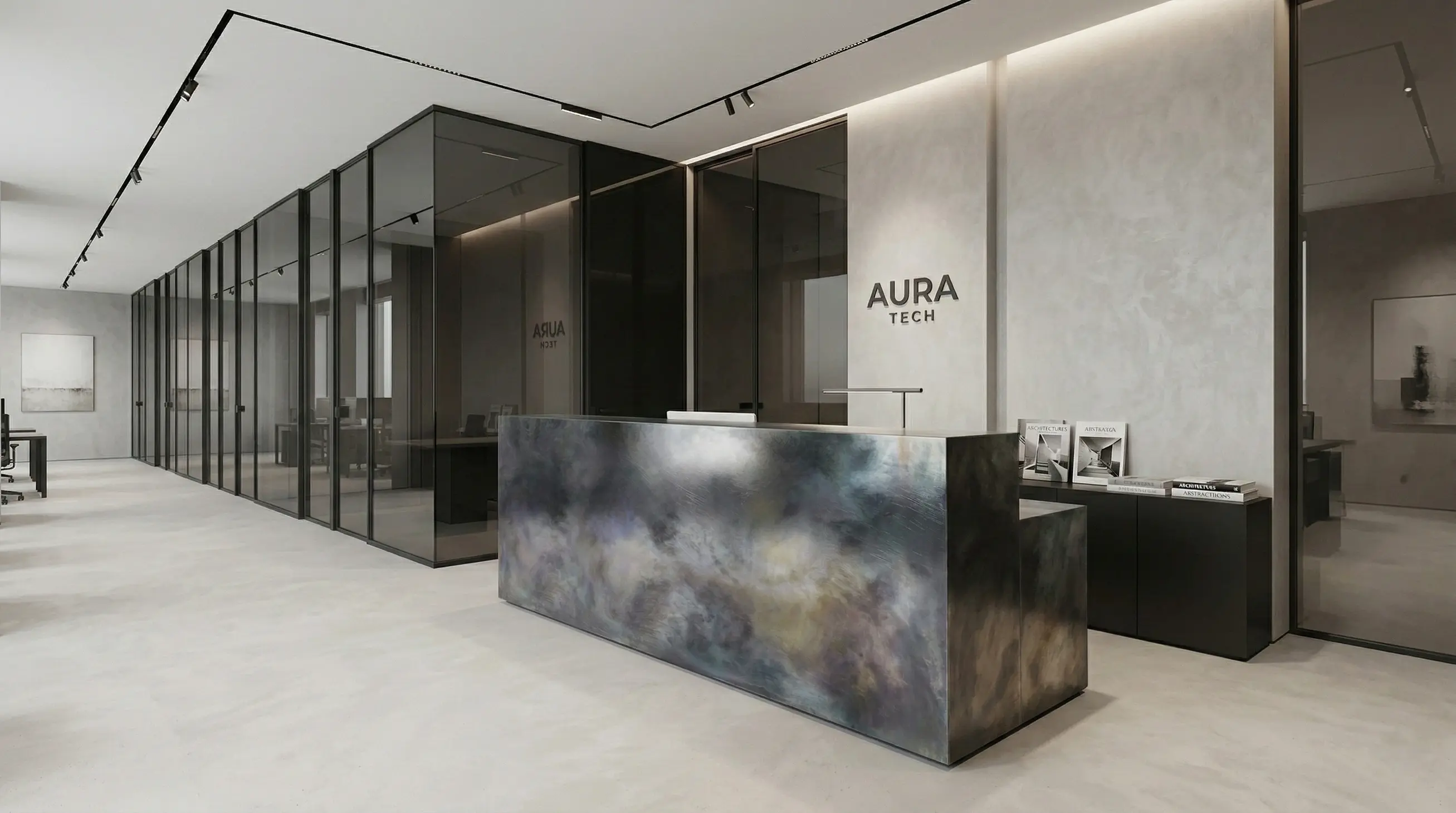 Custom reception desk with artistic metal finish in a modern office lobby by Modulux