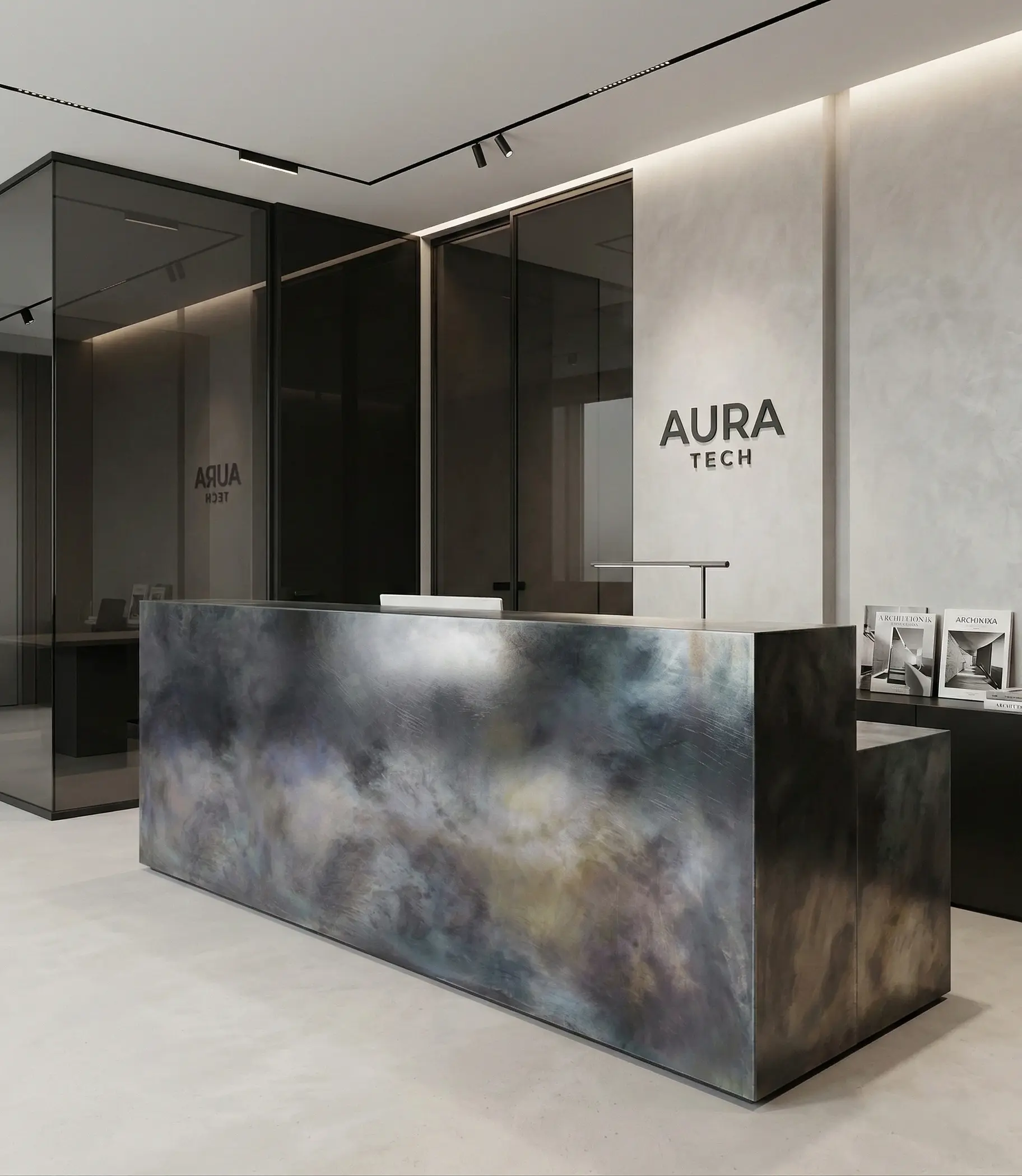 Reception desk with artistic metal finish in a modern office interior by Modulux