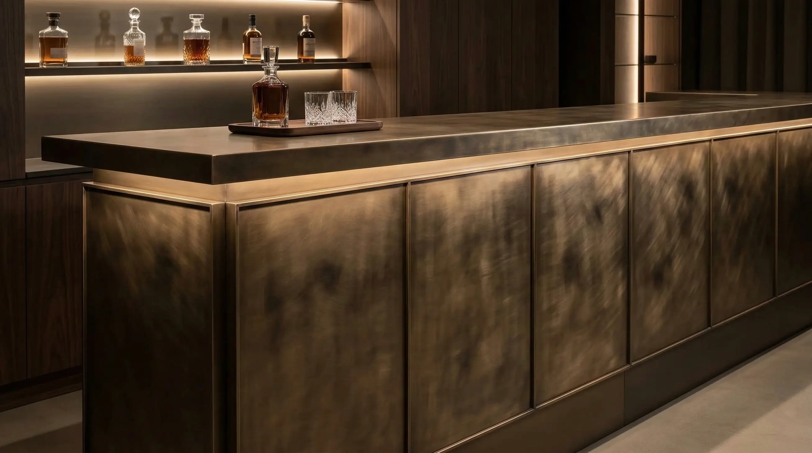 Metal bar top and hospitality counter with dark finish by Modulux
