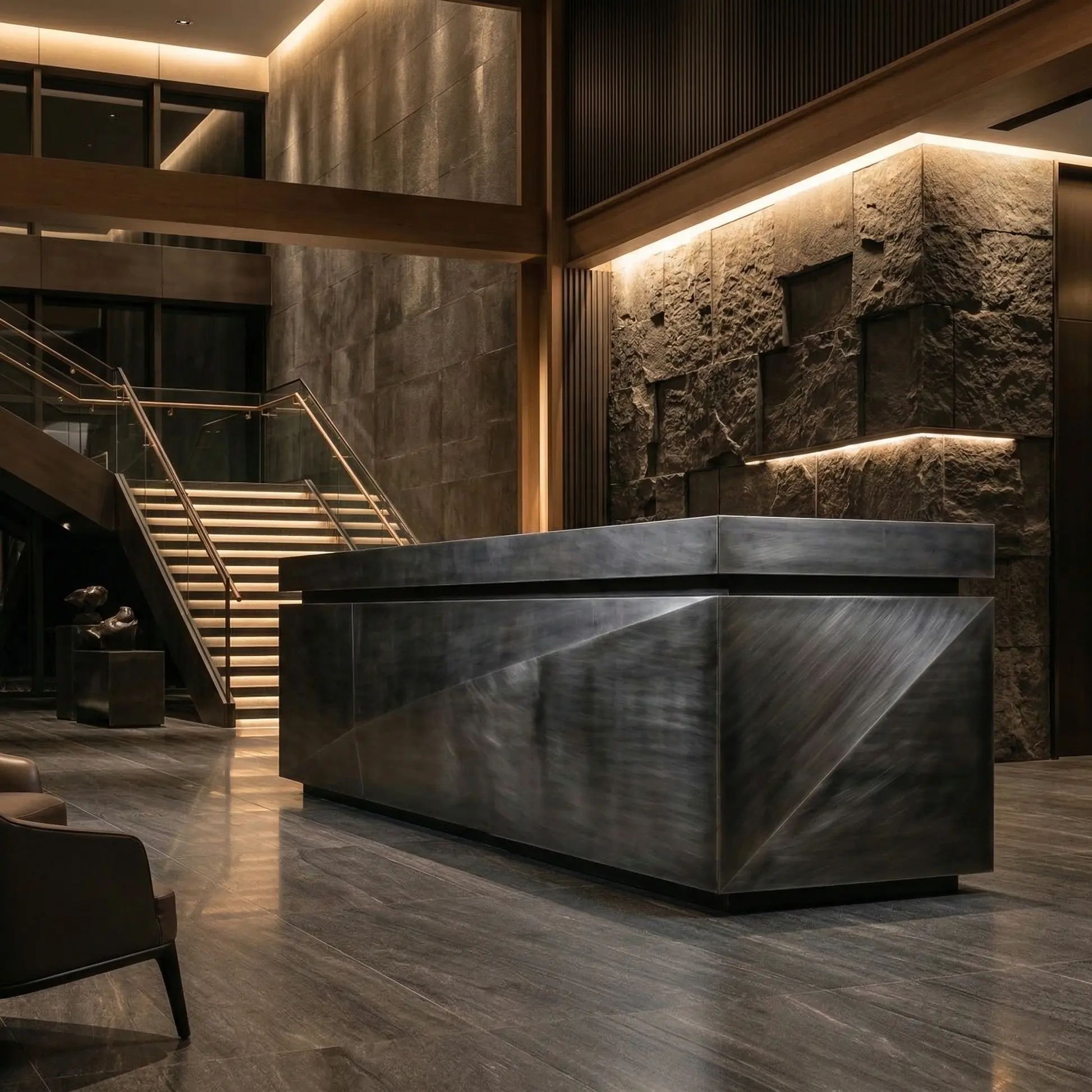 Dark metal reception desk in a premium lobby interior by Modulux