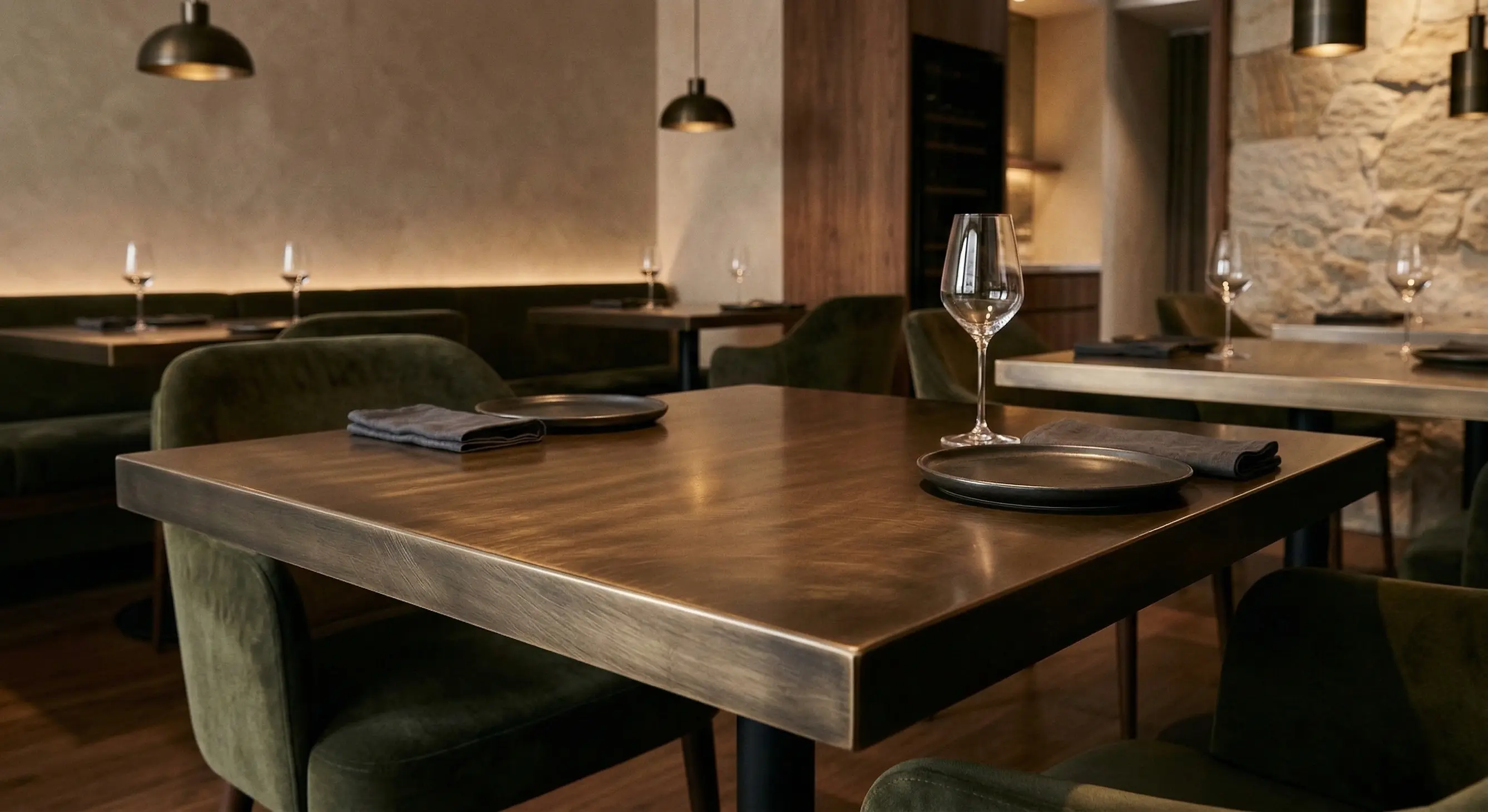 Restaurant table with dark metal finish in a warm hospitality interior by Modulux
